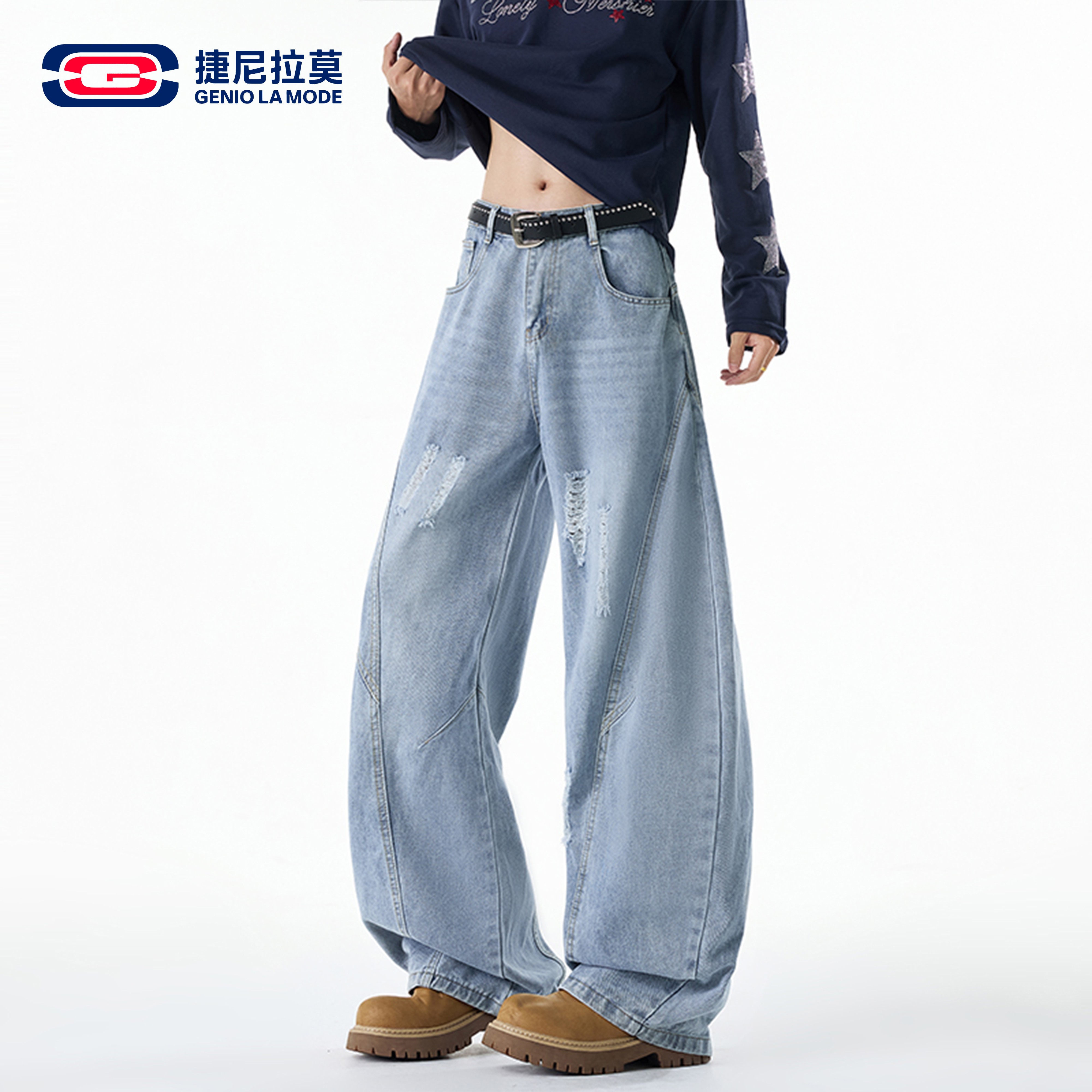 捷尼拉莫美式高街风破洞牛仔裤
