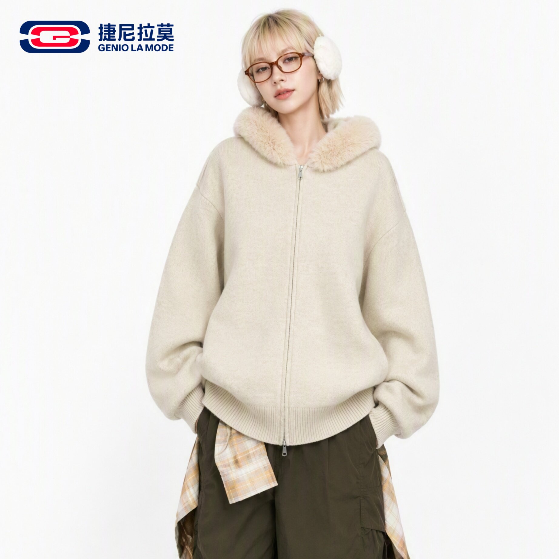 捷尼拉莫美式连帽拉链针织开衫
