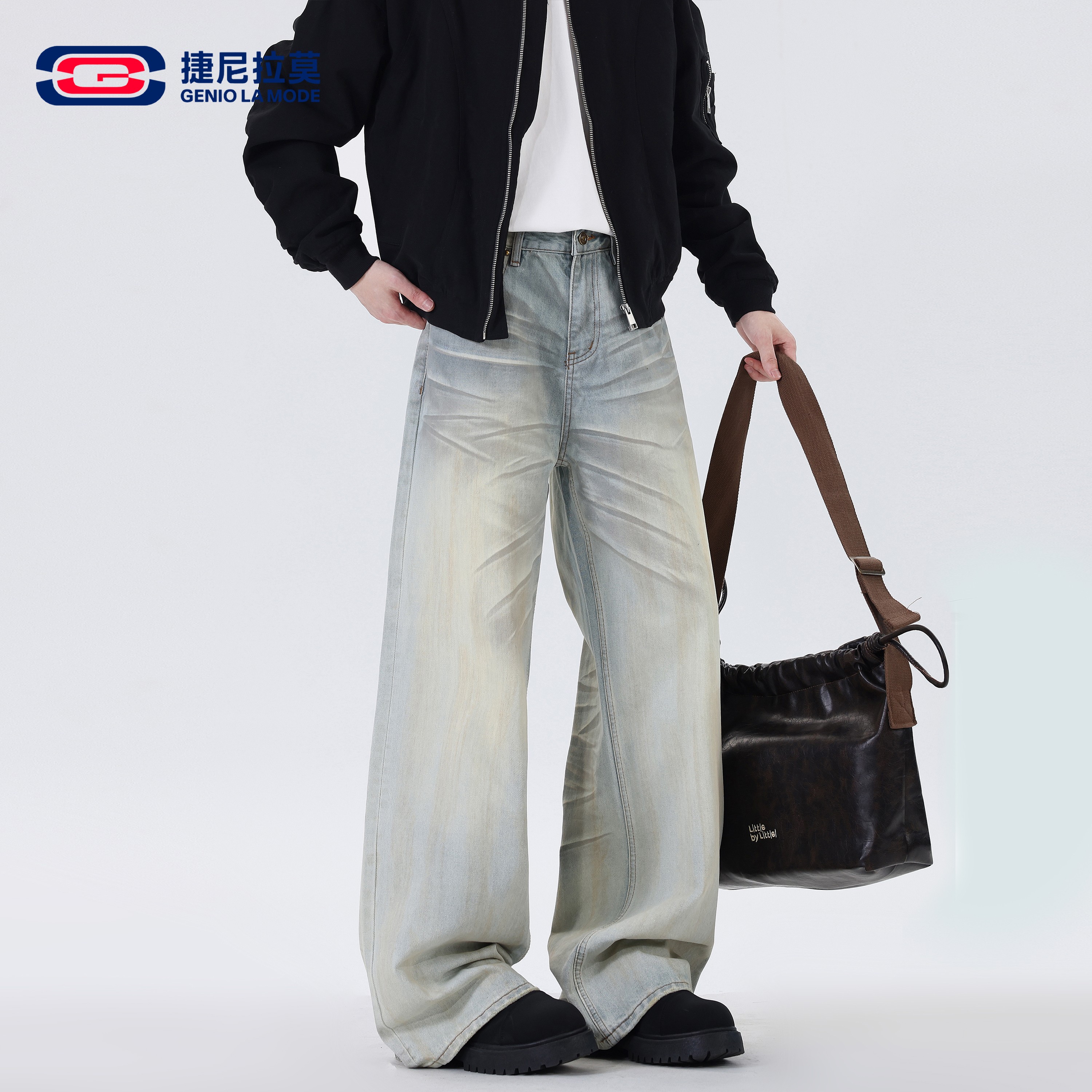 捷尼拉莫美式复古水洗做旧牛仔裤