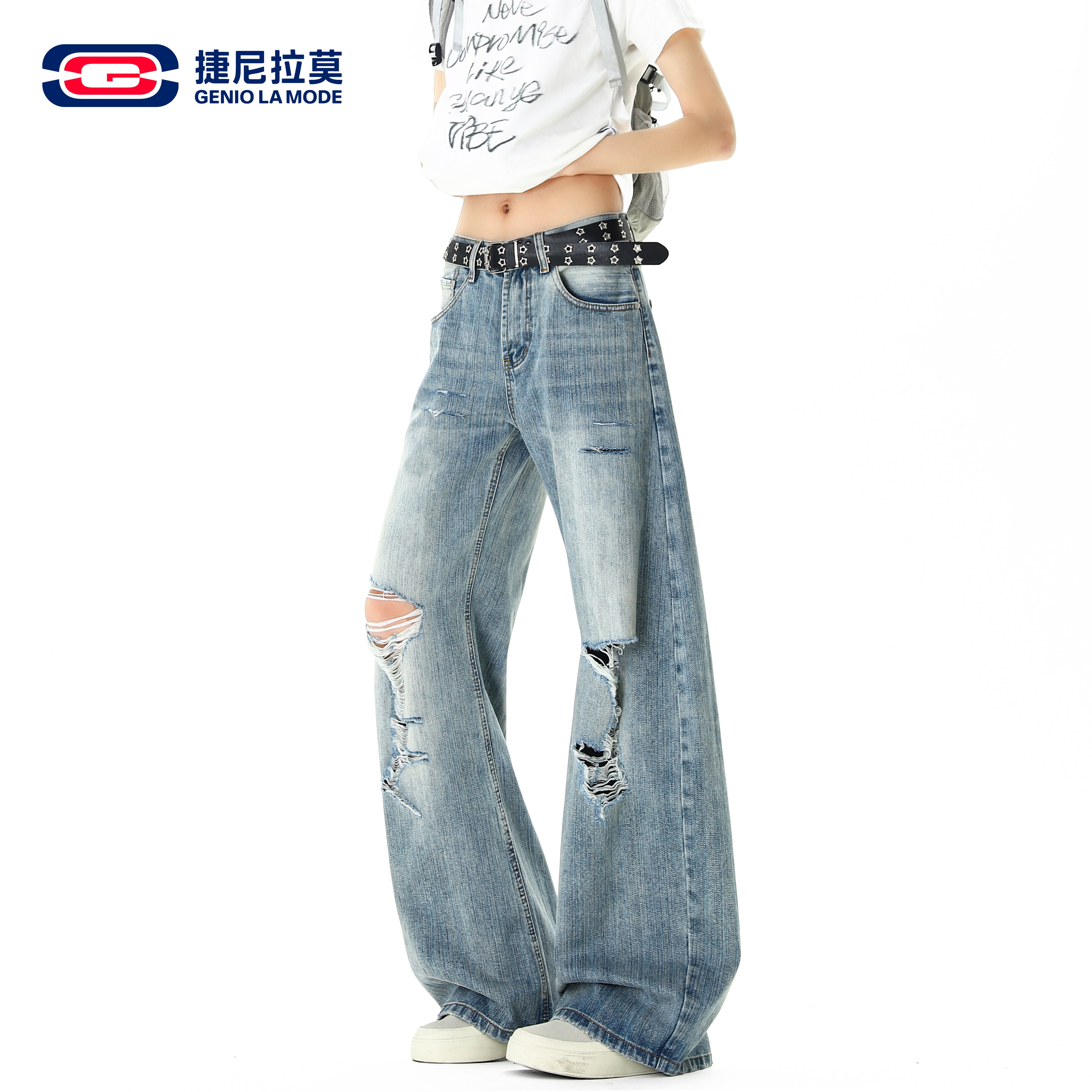 捷尼拉莫复古磨白撕裂毛边破洞牛仔裤男宽松显瘦阔腿直筒拖地长裤
