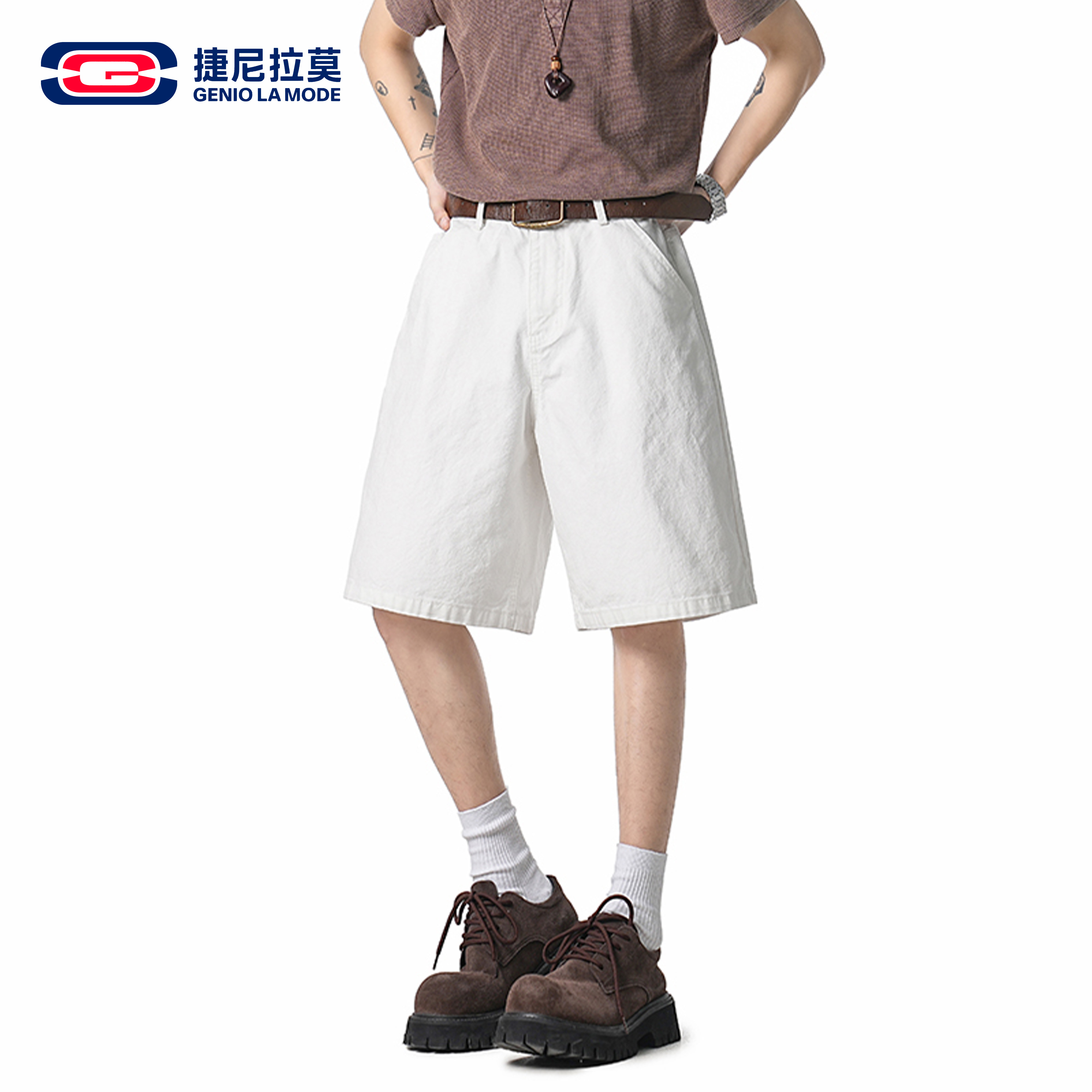 捷尼拉莫白色工装牛仔短裤男士夏季宽松直筒简约百搭五分休闲中裤