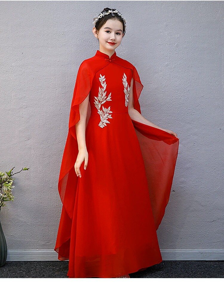 新款女童汉服中国风古筝演出服红色旗袍领钢琴考级主持人儿童走秀