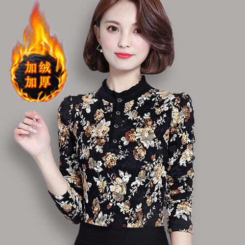 秋冬季保暖内衣女加厚加绒外穿紧身单件上衣中老年妈妈蕾丝打底衫 - 封面