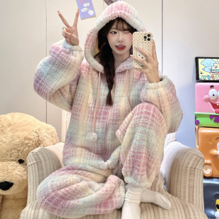 可爱珊瑚绒睡衣女款多巴胺彩虹日系甜美可外穿拉链连帽加厚家具服