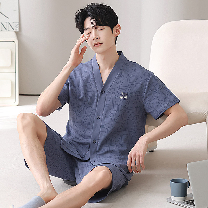 纯棉睡衣男款夏季薄款开衫短袖和服蓝色家居服男生全棉可外穿套装