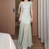 气质绝美高级感包臀长裙 2026新款 法式 绿色网纱拼接连衣裙子女夏季