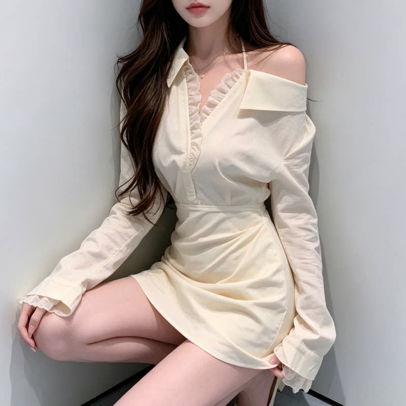 露肩裙女拼接长袖收腰衬衫连衣裙