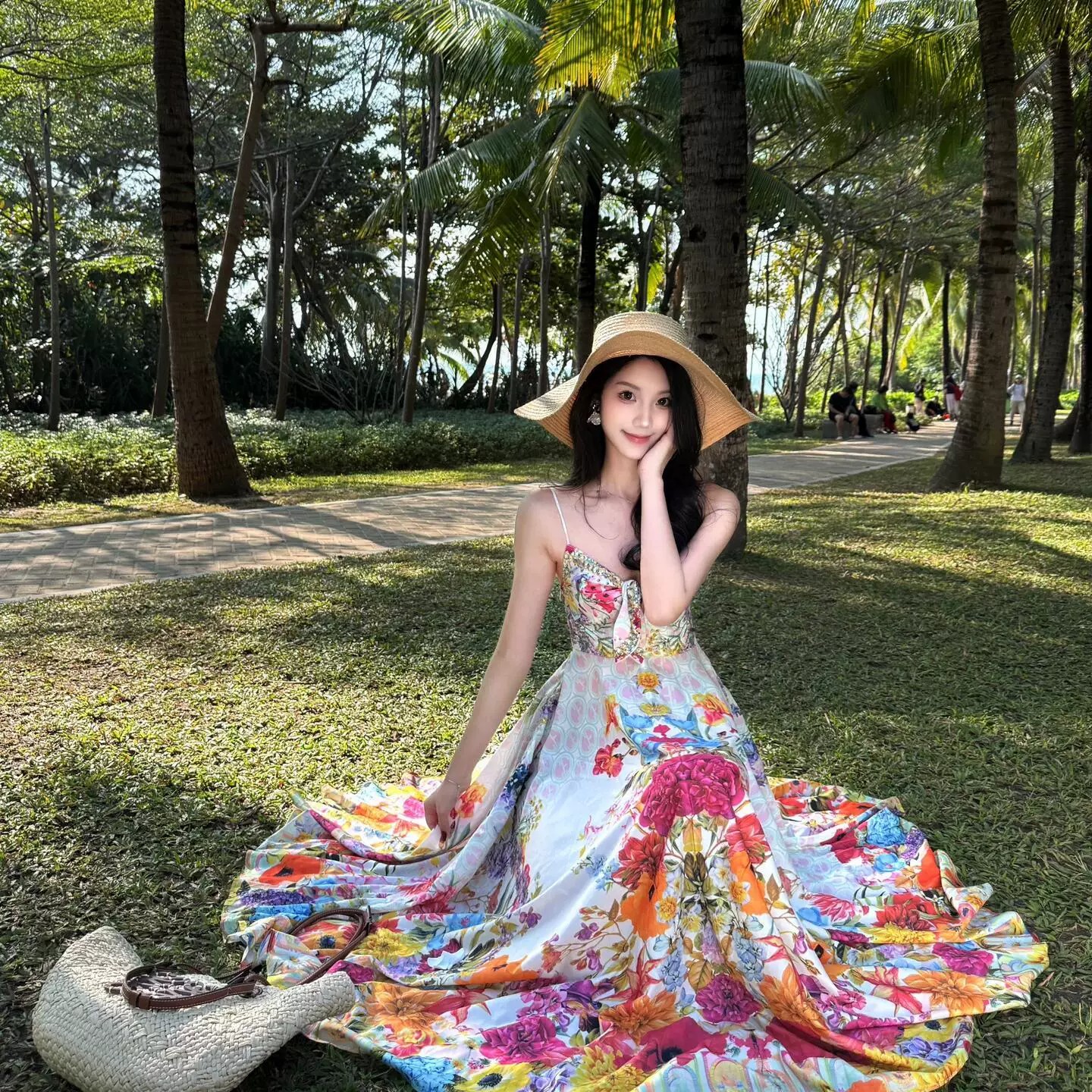 纯色彩色油画碎花朵高腰连衣裙女