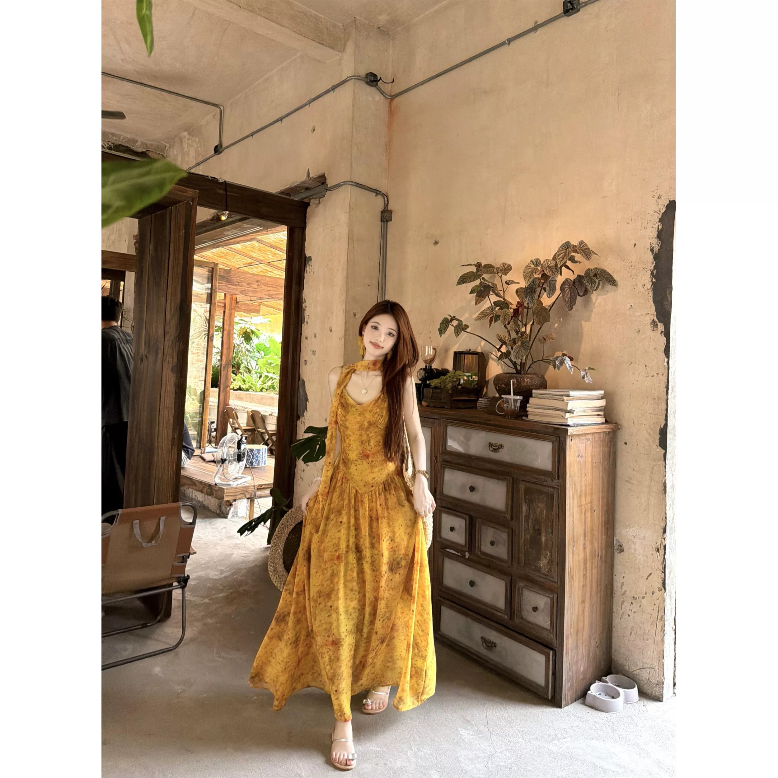 飘带中长款显瘦减龄仙女连衣裙