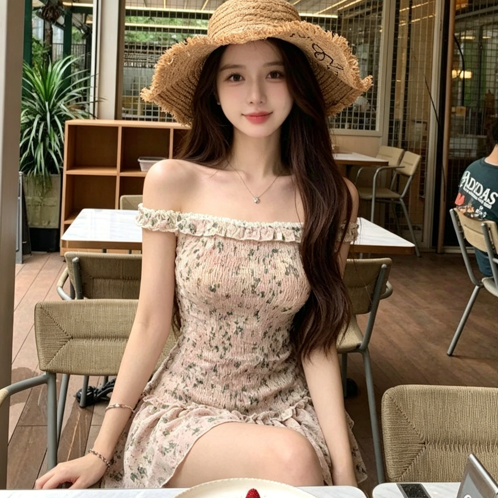 气质百搭一字肩碎花连衣裙女