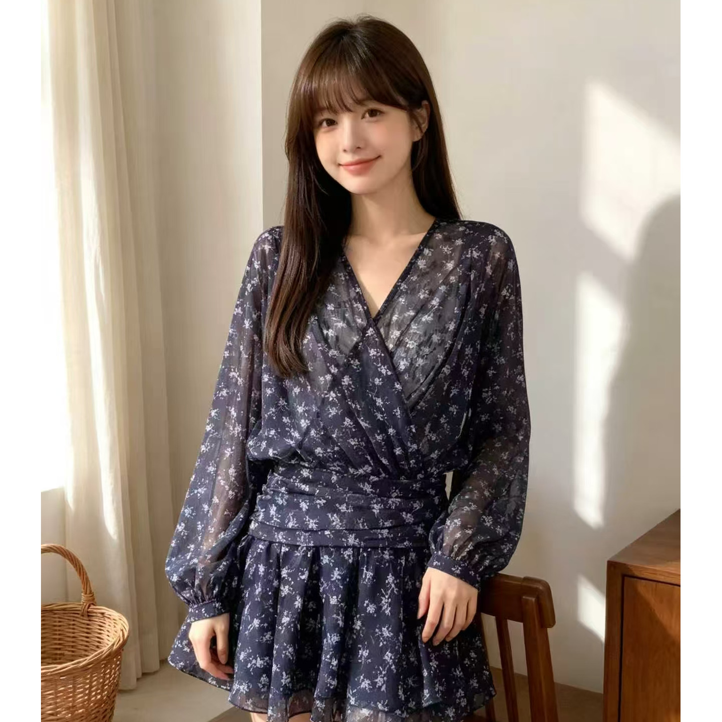 2026年休闲时尚飒爽碎花v领连衣裙女秋季新款绝美短裙