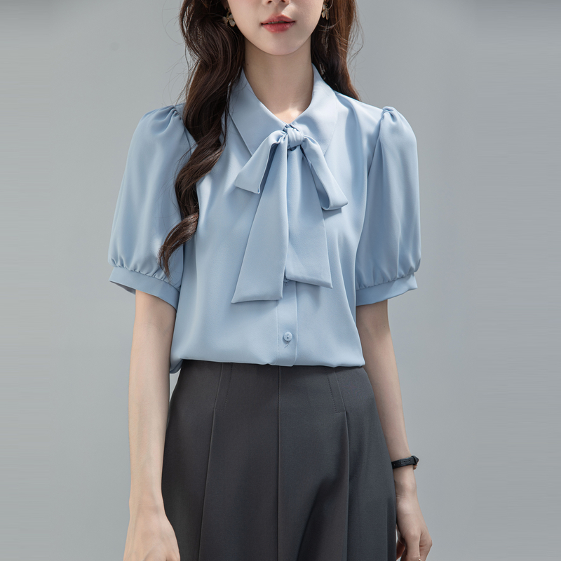 雪纺蓝色短袖衬衫女2025夏季蝴蝶结衬衣教资面试职业正装职场穿搭