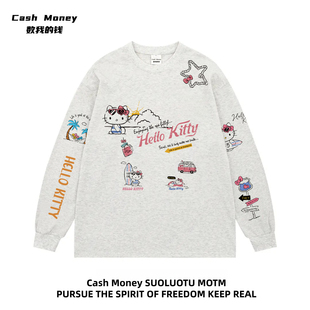 Money数我 T恤秋季 钱 复古hellokitty印花长袖 宽松休闲 美式 Cash