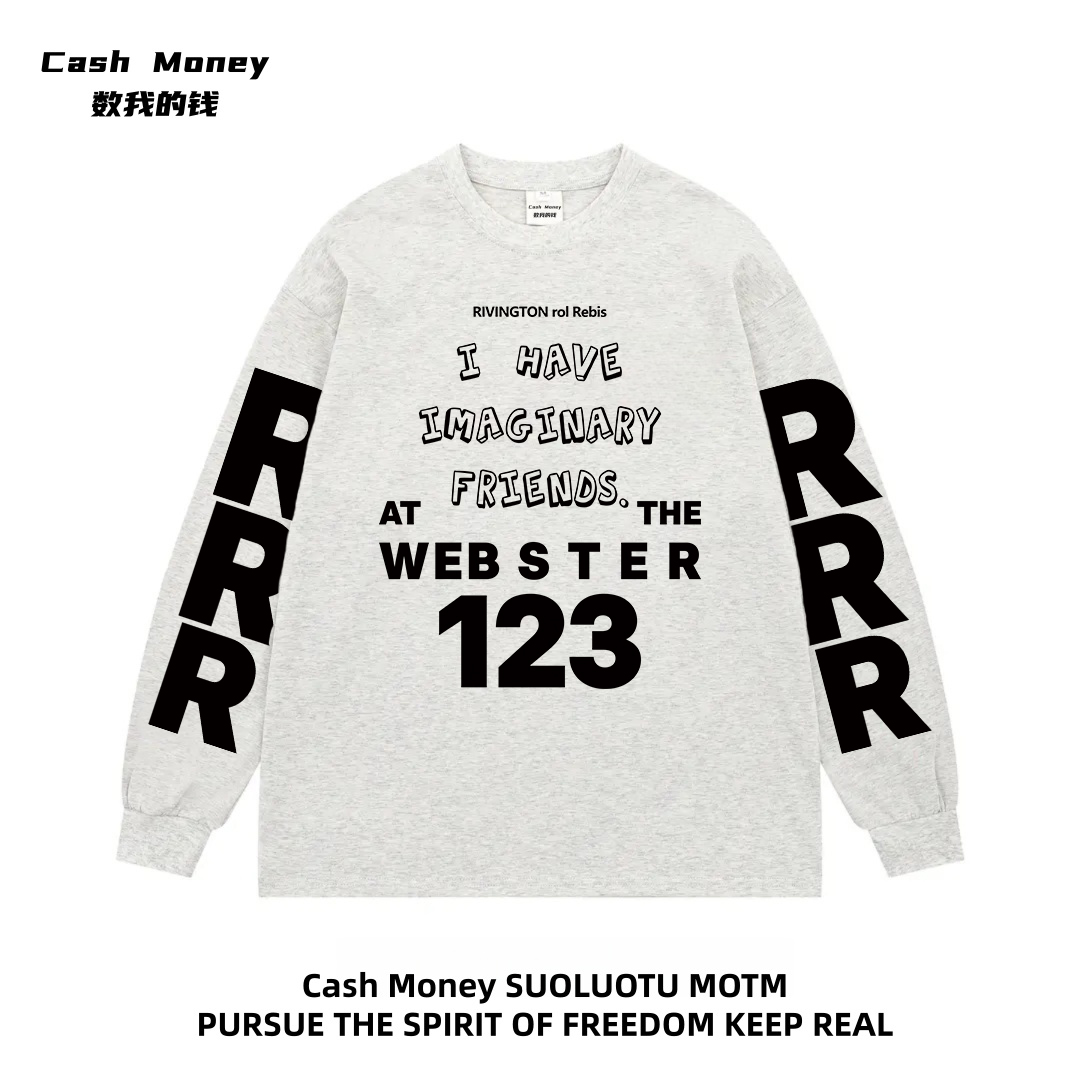 Cash Money数我的钱 美式复古长袖新款字母印花T恤男女嘻哈风情侣