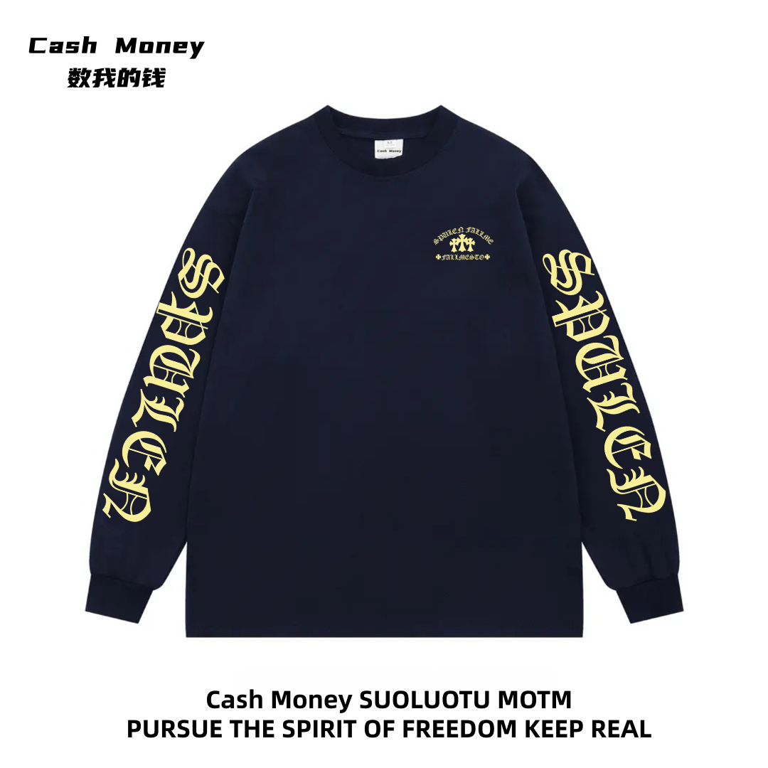 Cash Money数我的钱 美式复古高街字母印花T恤秋季长袖宽松重磅潮