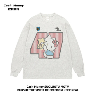 Money数我 男女秋冬季 钱 卡通Kitty猫印花T恤长袖 ins潮 美式 Cash