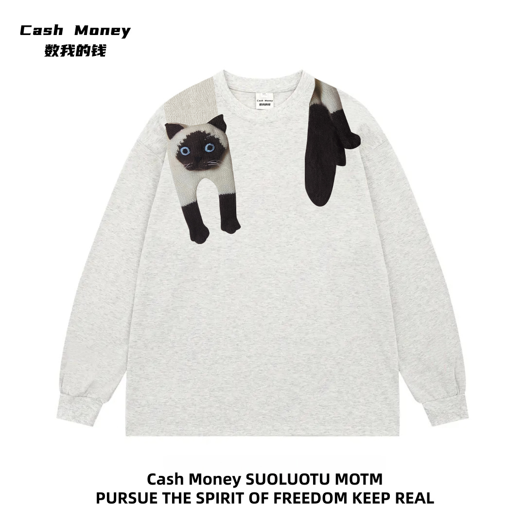 Cash Money数我的钱 美式猫咪印花T恤长袖男女休闲潮流小众打底衫