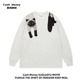 男女休闲潮流小众打底衫 美式 猫咪印花T恤长袖