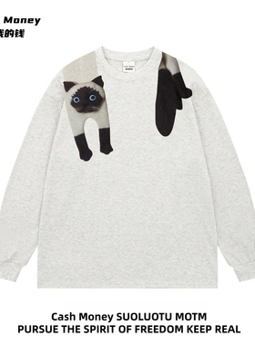 Cash Money数我的钱 美式猫咪印花T恤长袖男女休闲潮流小众打底衫