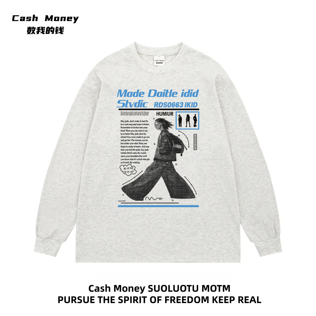 Cash Money数我的钱 美式高街设计感印花t恤长袖秋季新款重磅上衣