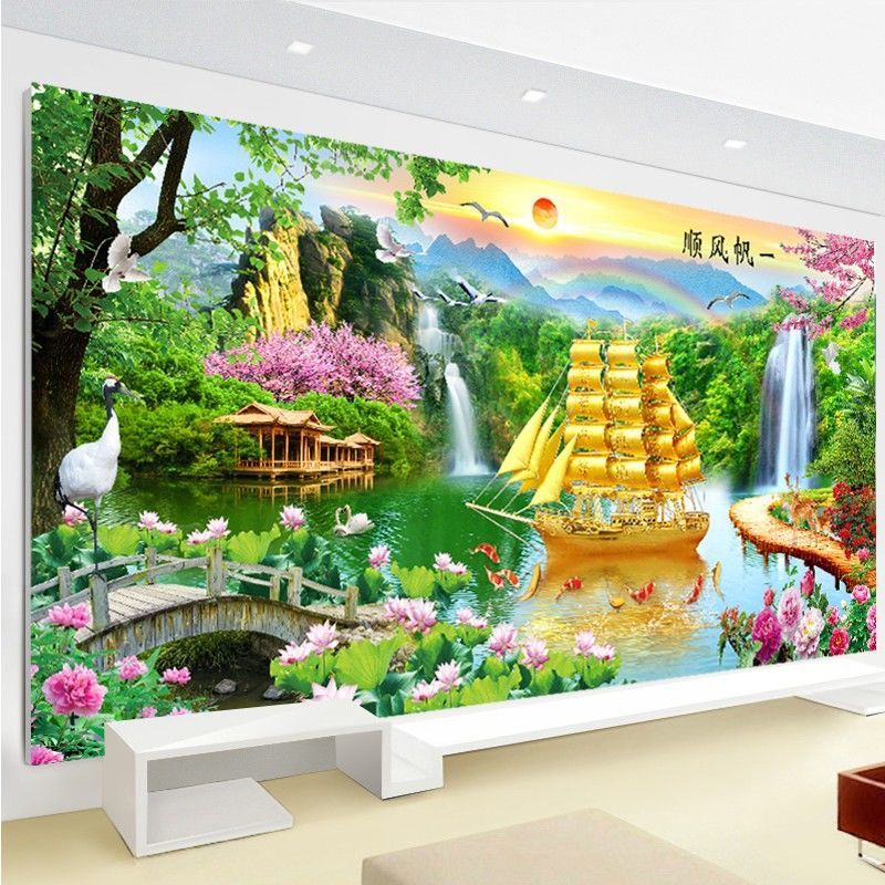 一帆风顺砖石绣十字绣2025新款客厅山水画钻石画满钻风景流水生财