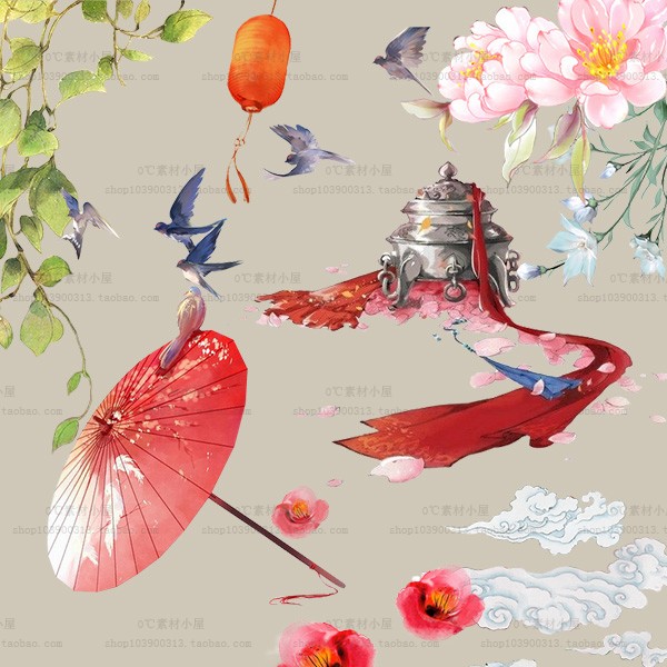 中国古风意境灯笼荷花桃花雨伞花瓣png免抠装饰设计素材[ps3681]