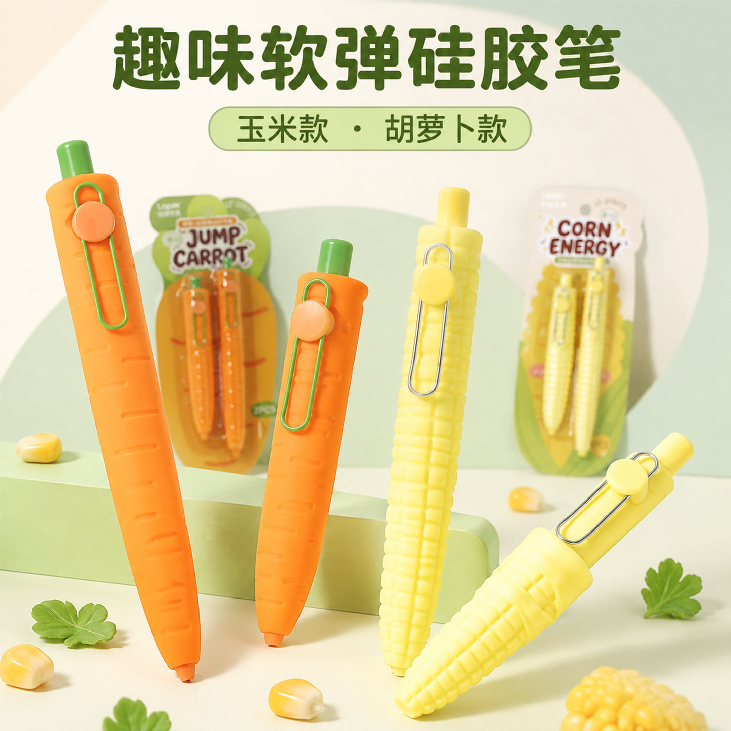 胡萝卜玉米硅胶按动中性笔套装图片
