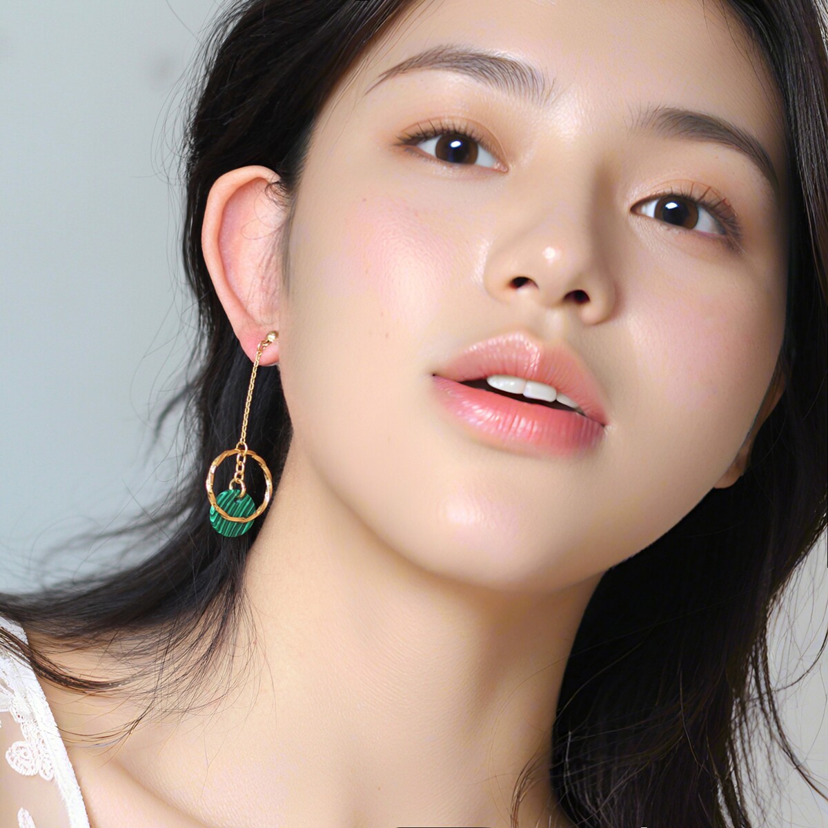 chic极简冷淡风ins红人耳环孔雀石长款韩国气质耳坠可调节耳夹女
