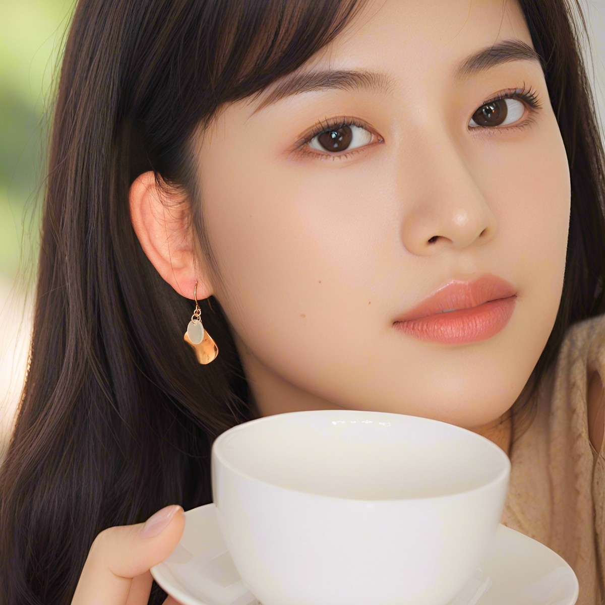 时尚走秀款百搭耳环女白色海贝金色波浪闪片时尚耳环大衣搭子