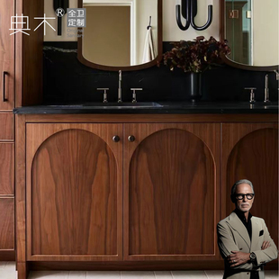 法式中古风浴室柜双盆洗手台盆柜组合无缝一体盆橡木复古岩板热弯