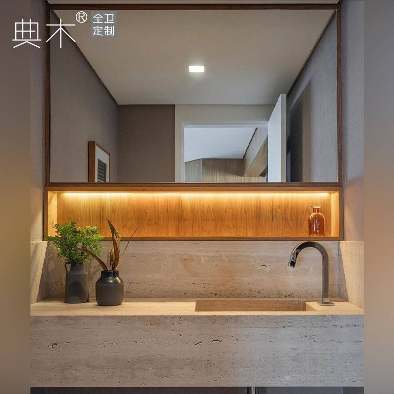 洞石一体盆洗漱台复古洗脸洗手盆柜组合侘寂卫生间小型浴室柜定制