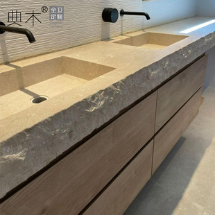 洞石大理石洗手台浴室柜侘寂风法式双台盆复古实木定制深盆洗手盆