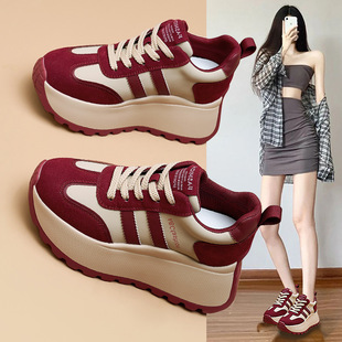 潮 2025秋冬8CM百搭小个子厚底内增高休闲加绒女鞋 女鞋 真皮老爹鞋