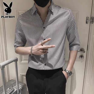 花花公子条纹短袖衬衫男士七分袖寸衣韩版痞帅高级感衬衣男款夏季