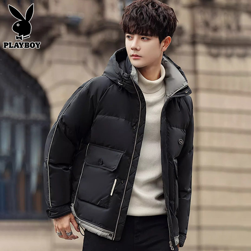 花花公子连帽男士羽绒服冬季2024新款加厚潮流拼色休闲短款外套男