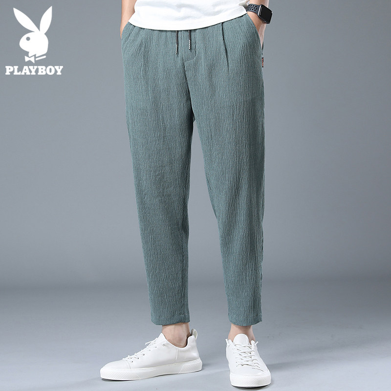 花花公子冰丝休闲裤男士宽松夏季薄款潮流百搭亚麻裤九分裤子男裤