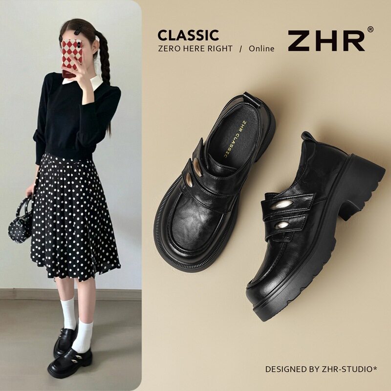 ZHR复古双一字魔术贴带英伦单鞋女新款时尚百搭通勤韩版小皮鞋子