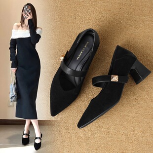 ZHR则则复古粗跟玛丽珍鞋女鞋2026新款优雅时髦舒适尖头绒面单鞋