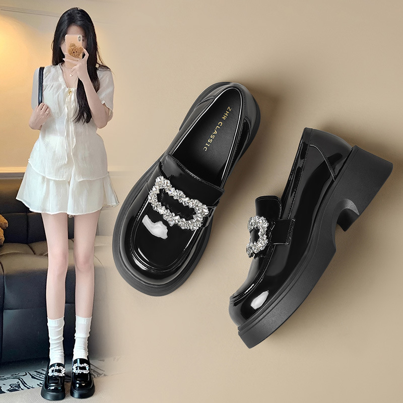 zhr小个子亮面乐福鞋女秋新款皮鞋厚底英伦一脚蹬粗跟单鞋豆豆鞋