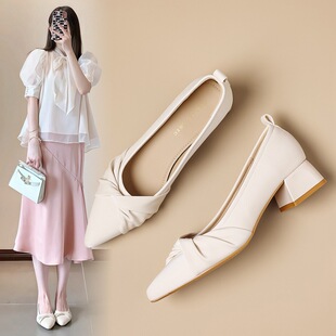 ZHR则则浅口粗跟高跟通勤单鞋女春秋新款舒适百搭懒人一脚蹬皮鞋