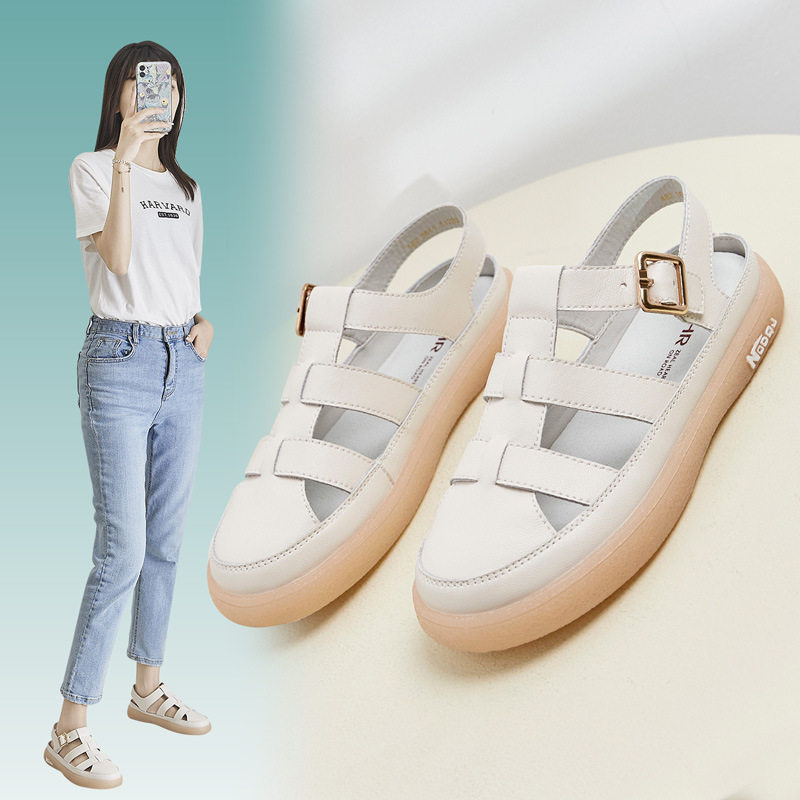 ZHR包头罗马凉鞋女夏2026新款厚底真皮平底网红火果冻软底低跟鞋