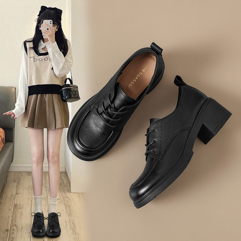 ZHR头层牛皮厚底乐福鞋女春秋新款真皮英伦小皮鞋舒适浅口单鞋子