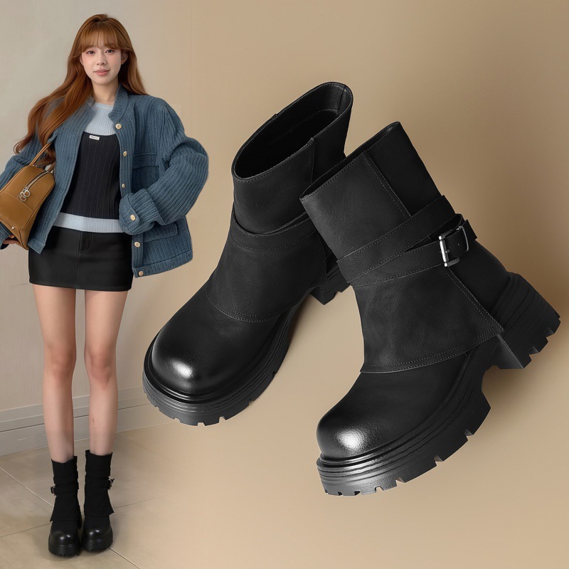 ZHR则则厚底裤管靴短筒短靴粗跟2025冬季新款西部牛仔短靴堆堆靴