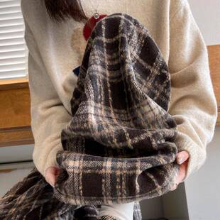 咖色毛呢格子裤女2026新款秋冬慵懒风高腰垂感休闲直筒加绒阔腿裤