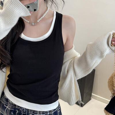 纯棉假两件春夏季打底小吊带背心女内搭修身外穿辣妹修身无袖上衣