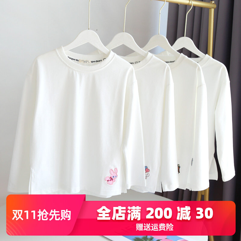 洋派百搭女童长袖T恤春秋款纯棉儿童白色打底衫宝宝上衣2023新款
