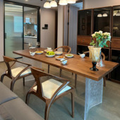 黑胡桃木实木餐桌家用亚克力悬浮书桌中古风客厅茶桌长方形大板桌