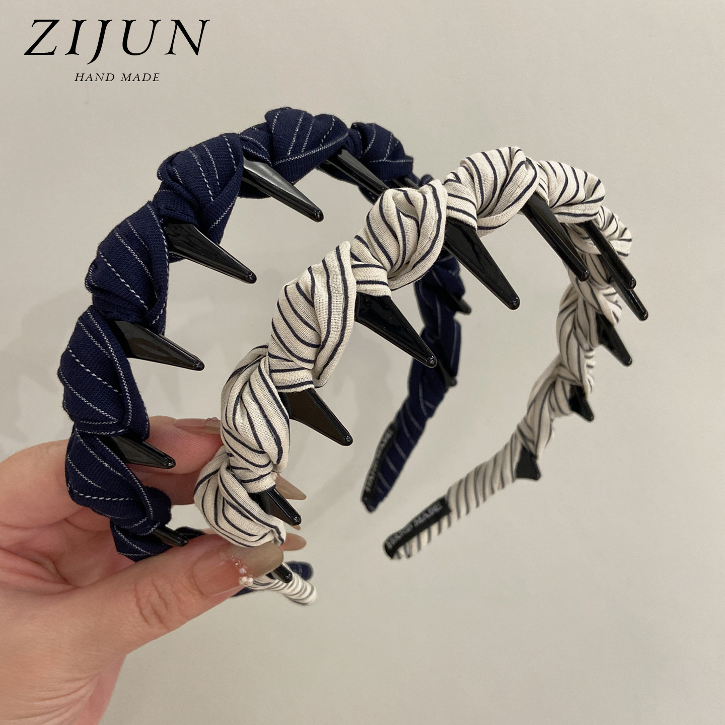 法式条纹布艺缠绕发箍女带齿防滑