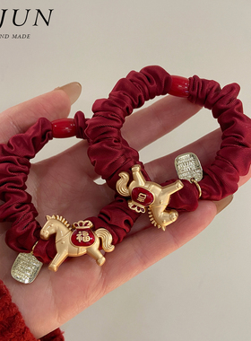 复古新年中式马年红色小肠发圈头绳女喜庆吉福皮筋扎马尾过年发绳