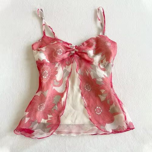 VEST跨境复古性感辣妹豹纹欧美风夏季短款修身吊带印花蕾丝上衣女